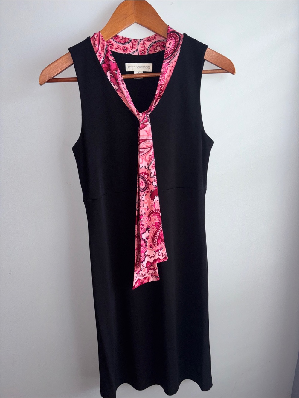 Petite Sophisticate Black Sheath Dress with Pink Paisley Neck Scarf